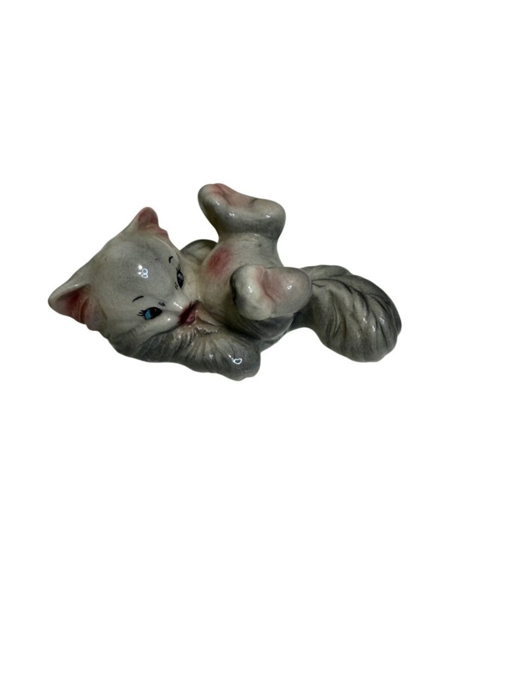 Vintage Ceramic Cat Figurine By Kelvins Japan Gray & Pink Playful Pose